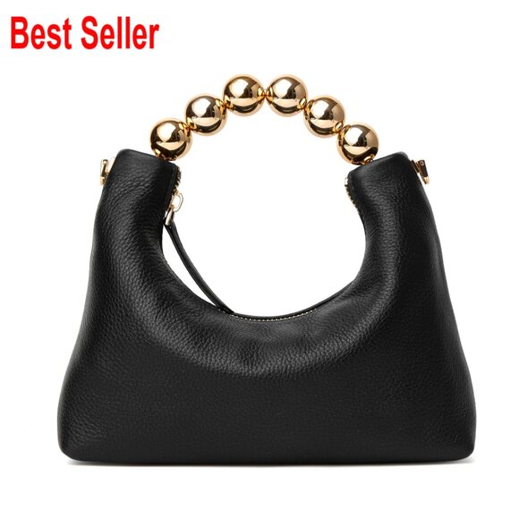 Genuine Leather Top Handle Clutch Bag with Pearl Handle and Chain Strap